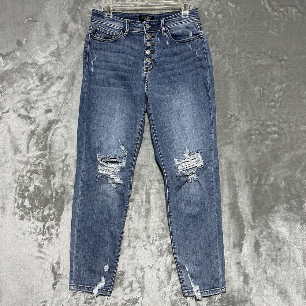 Judy Blue Boyfriend Fit High Rise Button Fly Distressed Jeans Womens 7/28 Preppy